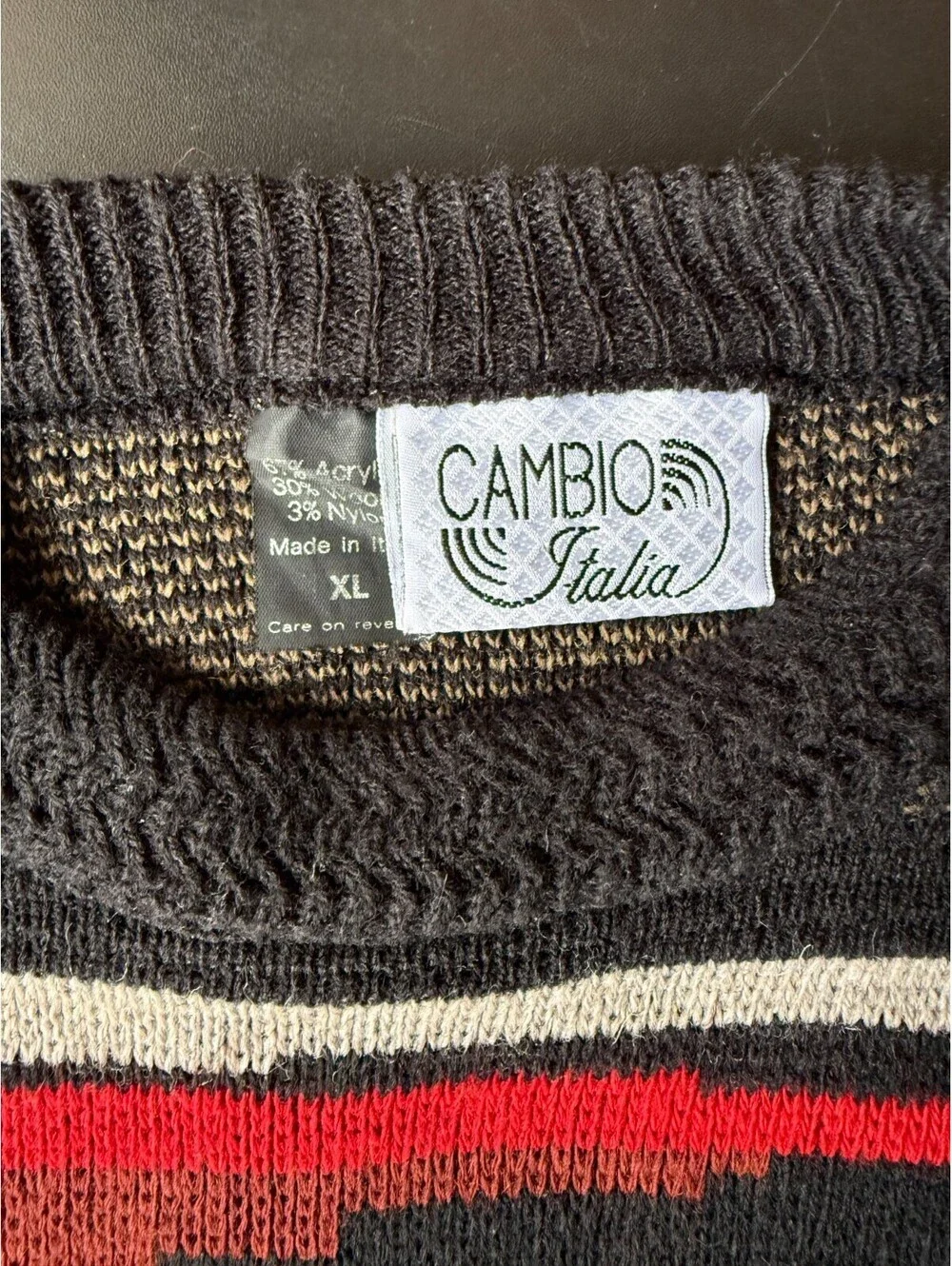 VTG Cambio Italia Sweater Mens XL Black Geometric Tribal Knit Wool Blend Italy